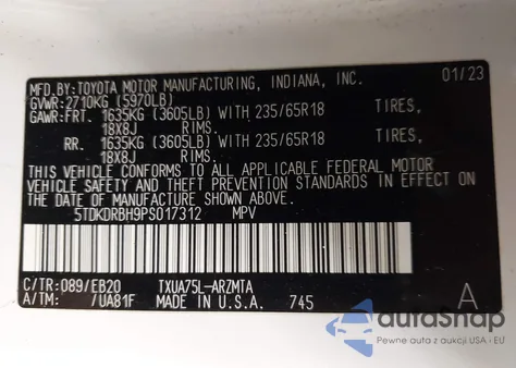 2023 Toyota Highlander Xle z USA, uszkodzony, nr VIN 5TDKDRBH9PS017312